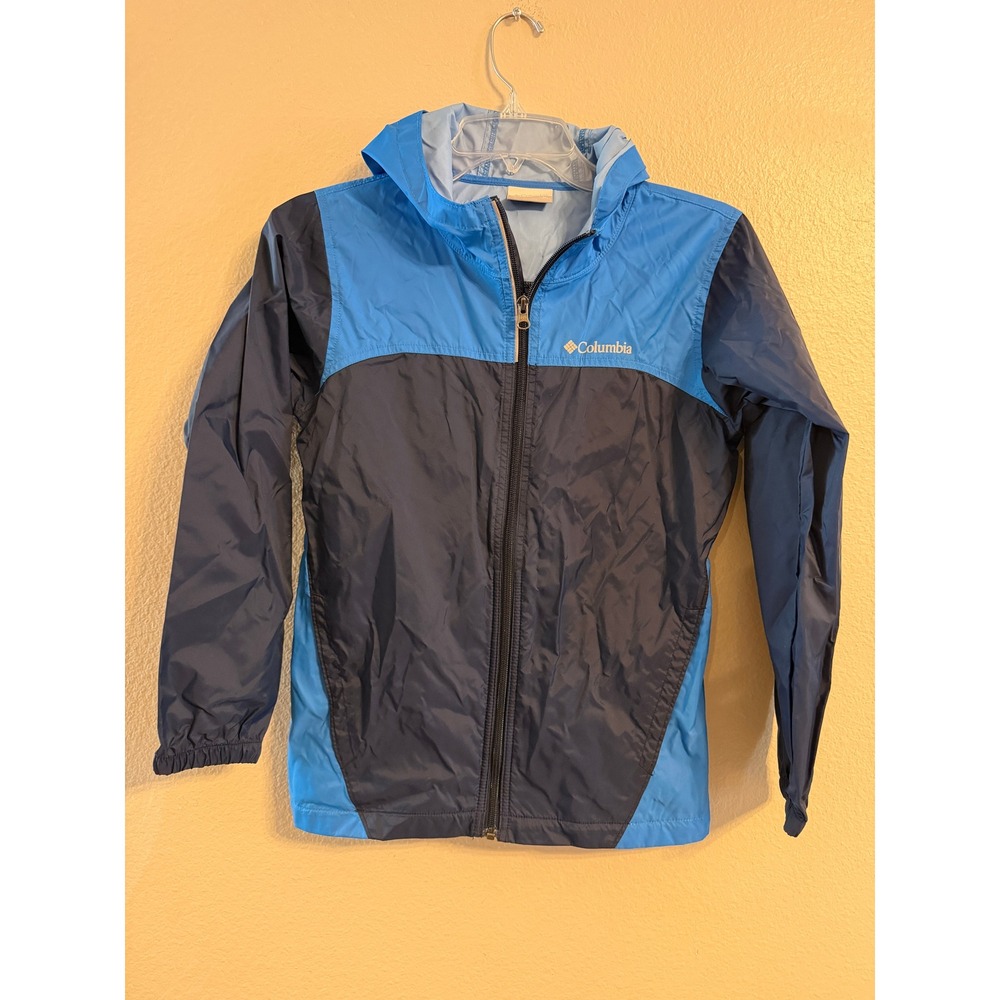 Columbia Boys Blue Colorblock Hooded Windbreaker Jacket Size Medium 10/12